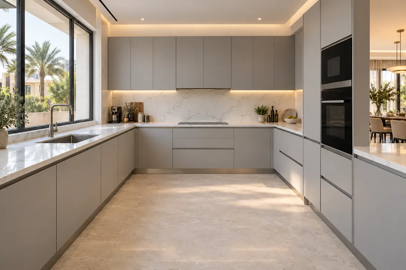 Light grey U-shaped kitchen — The whole kitchen