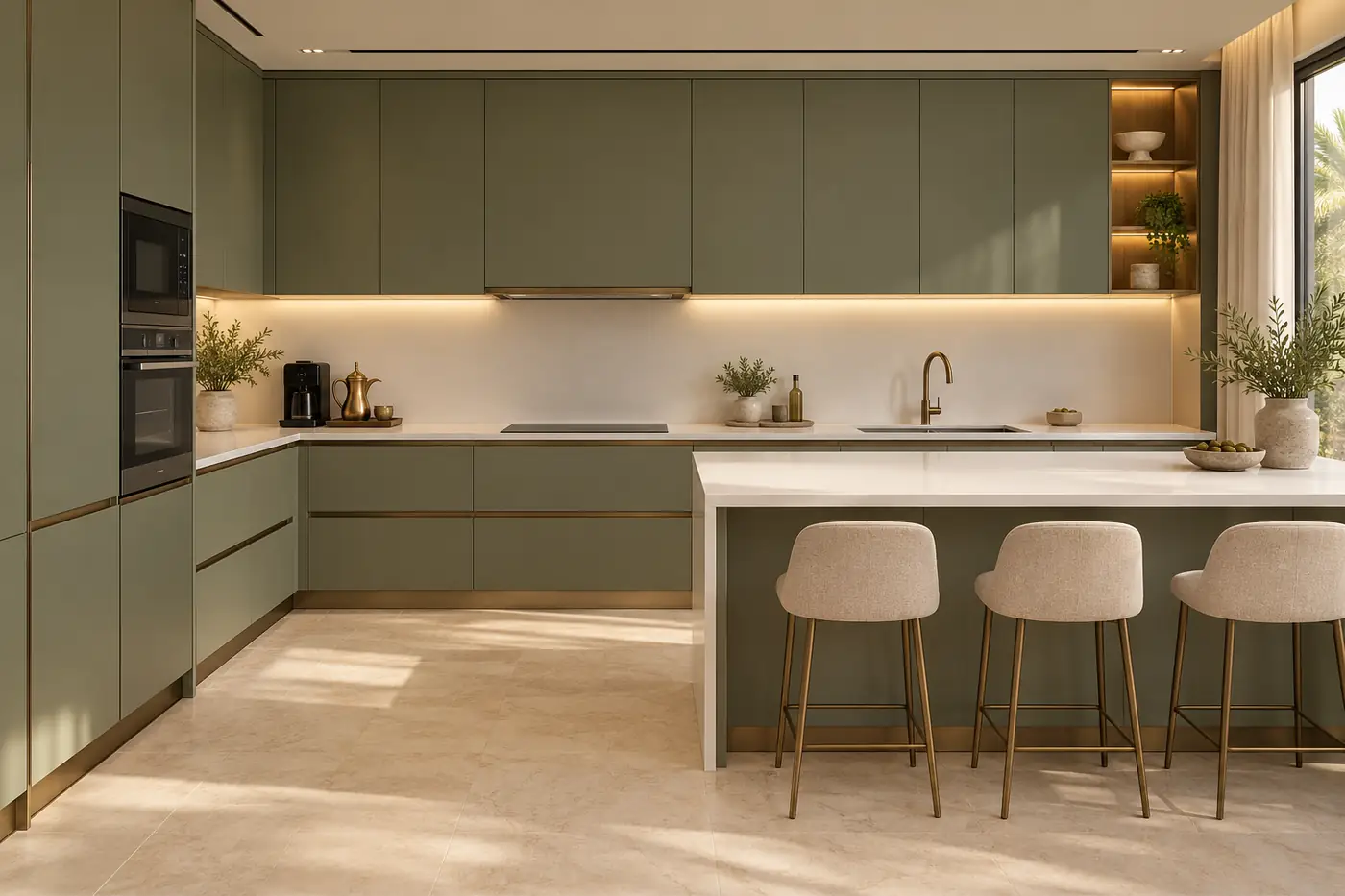 Sage green kitchen with brass accents — The whole kitchen