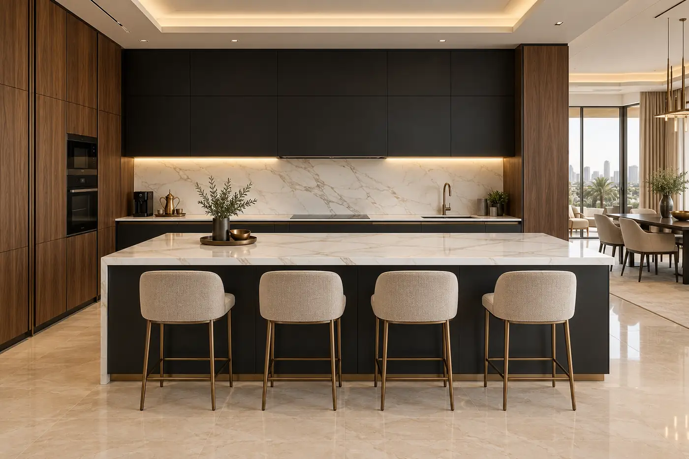 Black & walnut kitchen with marble island — The whole kitchen