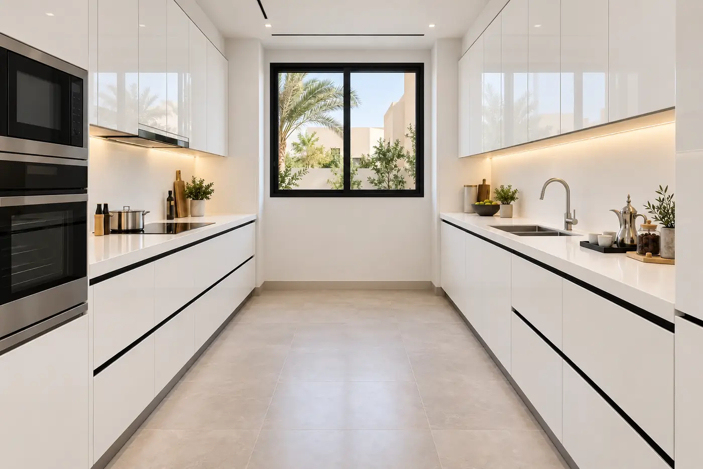 Gloss white galley kitchen — The whole kitchen