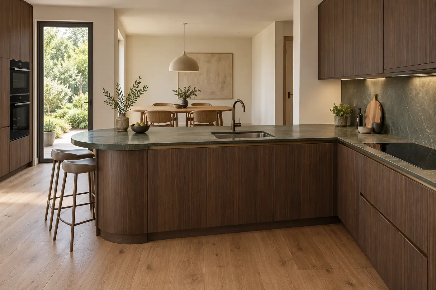 Smoked oak curved peninsula kitchen — The whole kitchen